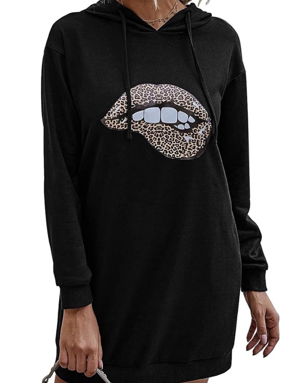 Black Hoodie Dress with Leopard Lip Graphic